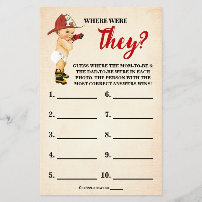Baby Firefighter Where were They Shower Game Card Flyer (Front)