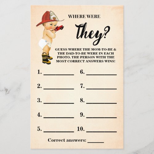 Baby Firefighter Where were They Shower Game Card Flyer