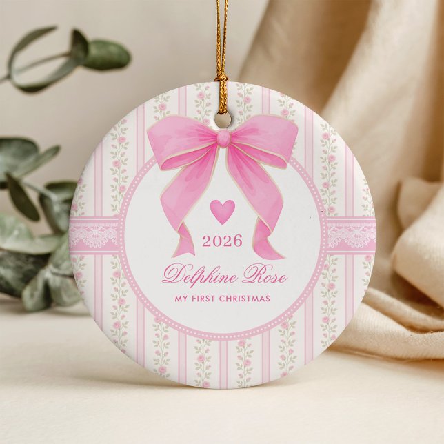 Baby First 1st Christmas Coquette Pink Bow Roses Ceramic Ornament (Creator Uploaded)
