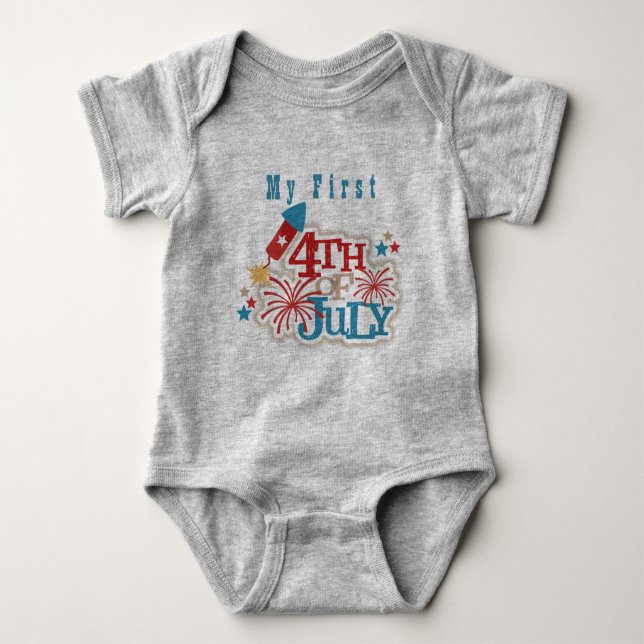 Baby First 4th of July Light Grey One Piece Bodysuit (Front)