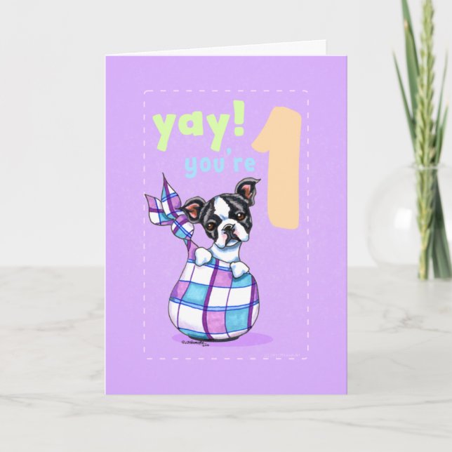 Baby First Birthday Age 1 Boston Puppy Card (Front)