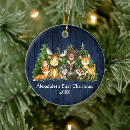 Baby First Blue Wood Christmas Forest Animals Ceramic Ornament