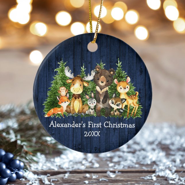 Baby First Blue Wood Christmas Forest Animals Ceramic Ornament (Customize with name and year.)