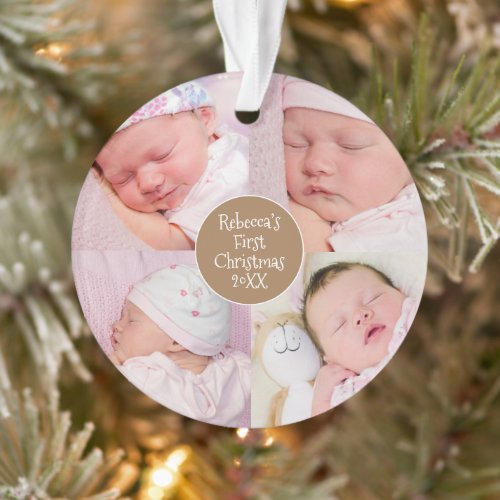 Baby First Christmas 4 photo collage name Ornament