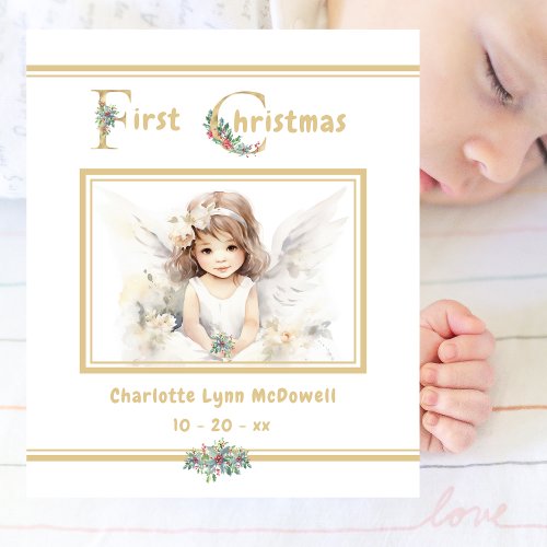 Baby First Christmas Angel Gold White Christmas  Fleece Blanket