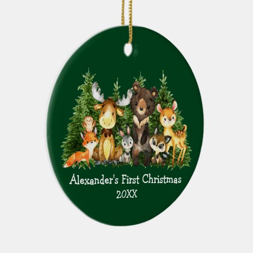 Baby First Christmas Animals Green PHOTO BACK Rd Ceramic Ornament