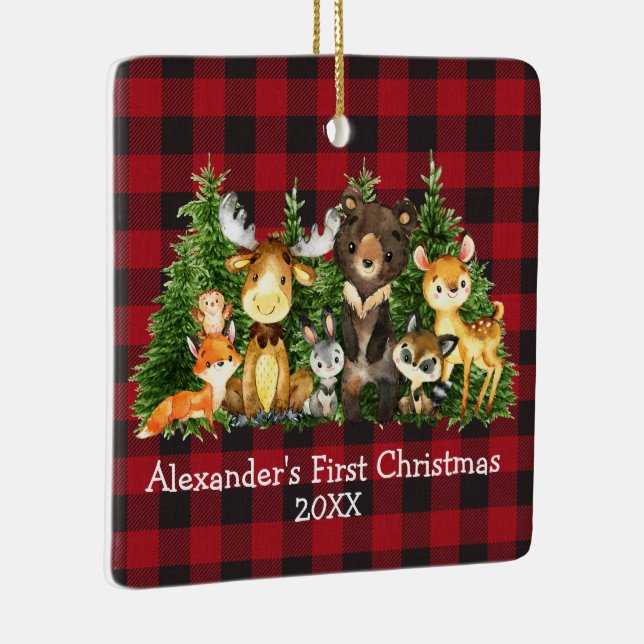 Baby First Christmas Animals Plaid - PHOTO BACK Ceramic Ornament (Right)