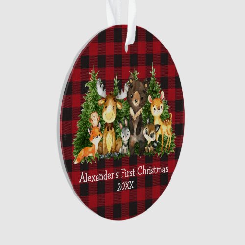 Baby First Christmas Animals Plaid _ PHOTO BACK Ornament