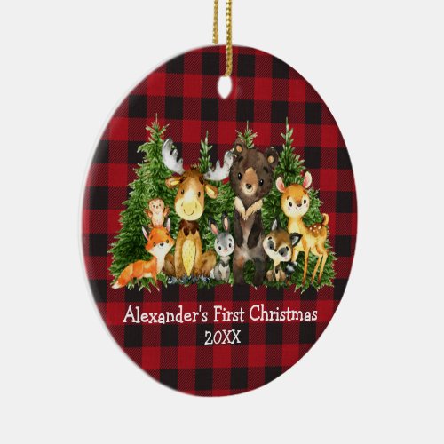 Baby First Christmas Animals Plaid _ PHOTO BACK Rd Ceramic Ornament