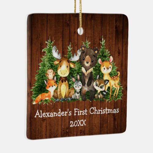 Baby First Christmas Animals Rustic _ PHOTO BACK Ceramic Ornament