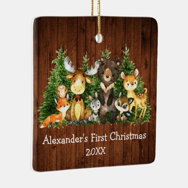 Baby First Christmas Animals Rustic - PHOTO BACK Ceramic Ornament (Right)