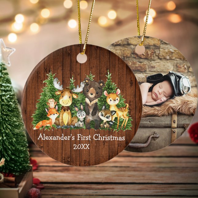 Baby First Christmas Animals Rustic PHOTO BACK Rd Ceramic Ornament (Customize with name, year and photo on back.)