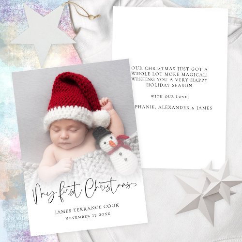 Baby First Christmas Birth Date Photo Overlay  Hol Holiday Card