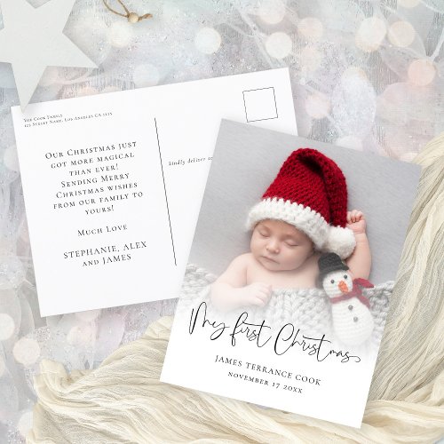 Baby First Christmas Birth Date Photo Overlay  Holiday Postcard
