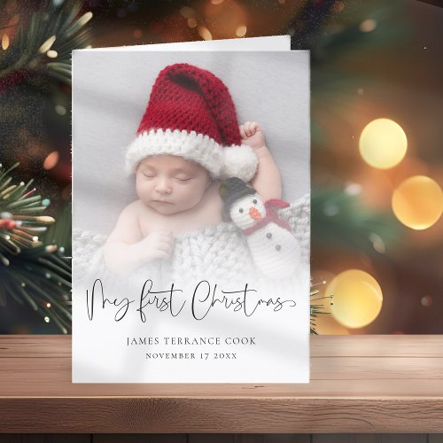 Baby First Christmas Birth Date Photo Text Overlay Holiday Card