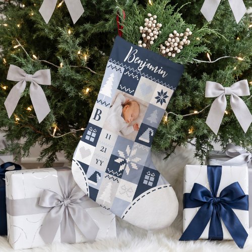 Baby First Christmas Birth Stat Photo & Name Quilt Small Christmas Stocking