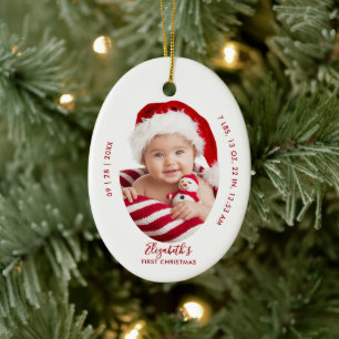 Baby First Christmas Birth Stats Name Minimal Red Ceramic Ornament
