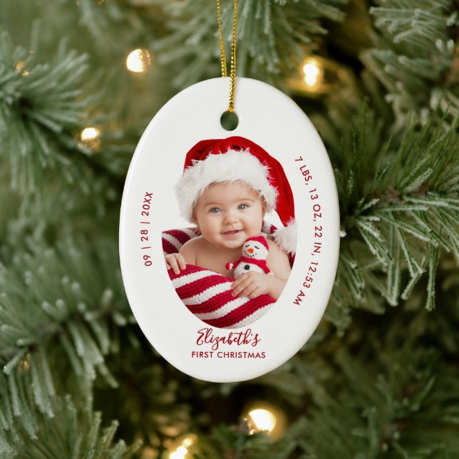 Baby First Christmas Birth Stats Name Minimal Red Ceramic Ornament (Tree)