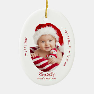 Baby First Christmas Birth Stats Name Minimal Red Ceramic Ornament