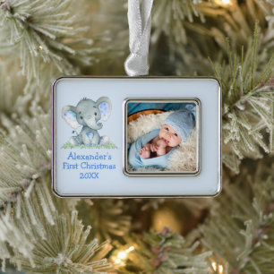 Baby First Christmas Blue Elephant Photo Ornament
