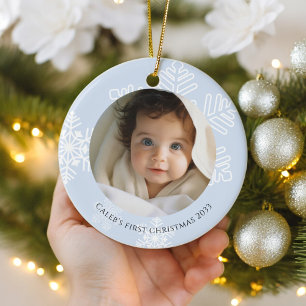 Baby First Christmas blue modern Snowflakes Photo Ceramic Ornament