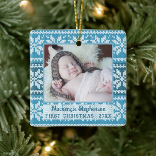 Baby First Christmas Blue Nordic Snowflake Sweater Ceramic Ornament