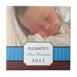 Baby first christmas blue ribbon stripe keepsake ceramic tile