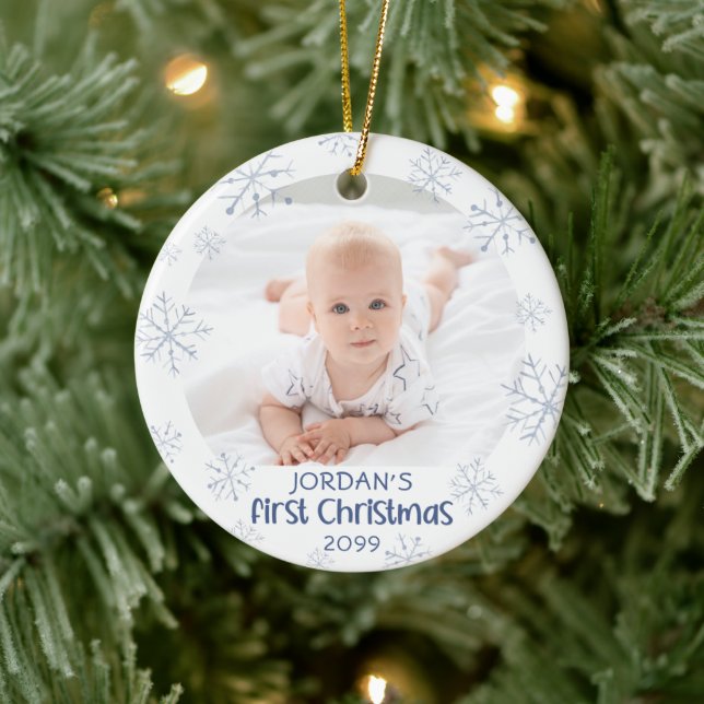 Baby First Christmas Blue Snowflake 2 Photo Ceramic Ornament (Tree)