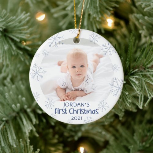 Baby First Christmas Blue Snowflake 2 Photo Ceramic Ornament