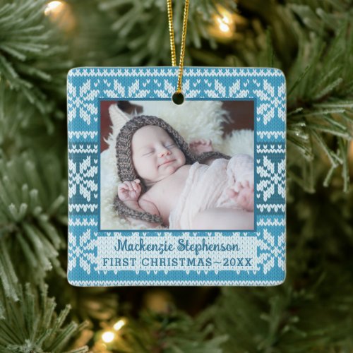 Baby First Christmas Blue Snowflake Sweater Photo Ceramic Ornament