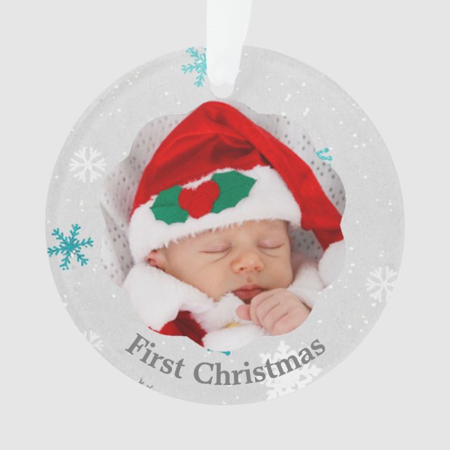 Baby First Christmas Blue Snowflakes Photo Ornament (Front)