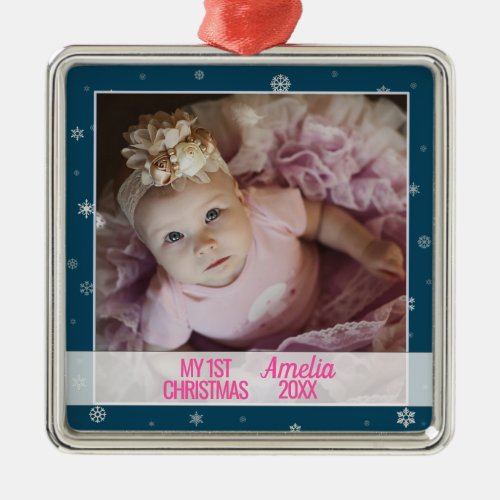 Baby first Christmas blue with photo snowflakes Metal Ornament