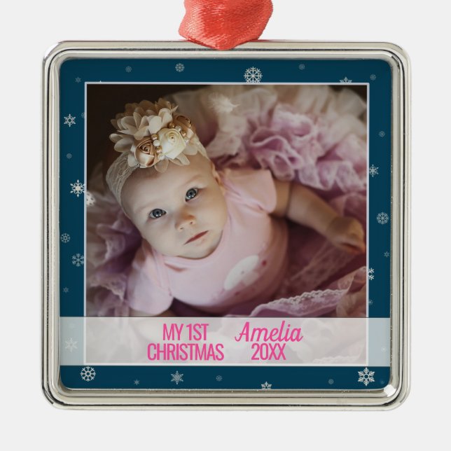 Baby first Christmas blue with photo snowflakes Metal Ornament (Front)