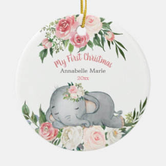 Baby First Christmas Blush Rose Elephant  Ceramic Ornament