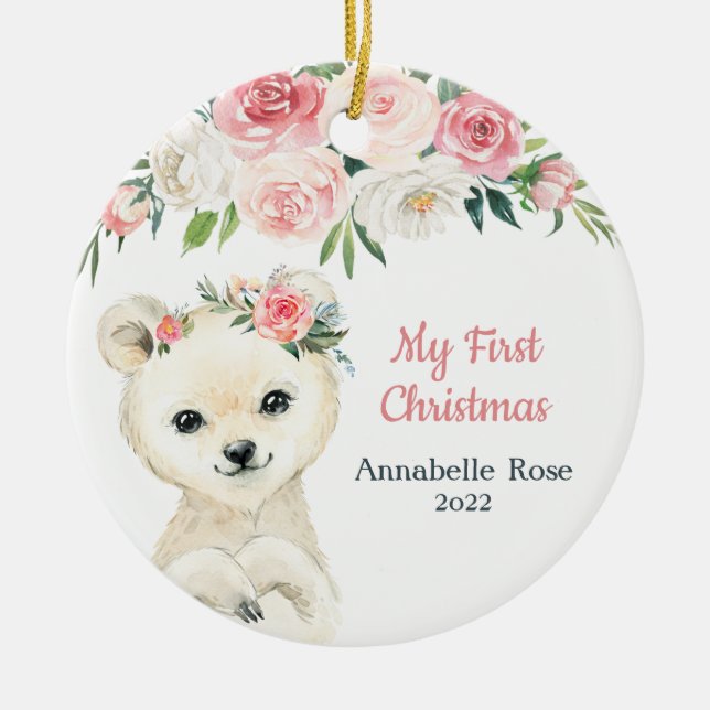 Baby First Christmas Blush Rose Polar Bear Ceramic Ornament (Front)