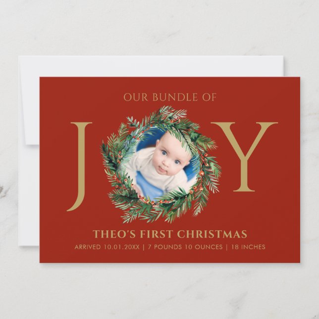 Baby First Christmas Bundle Of Joy Red Floral Gold Holiday Card (Front)