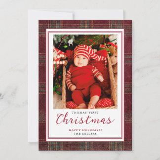 Baby First Christmas Burgundy Green Tartan Plaid Holiday Card