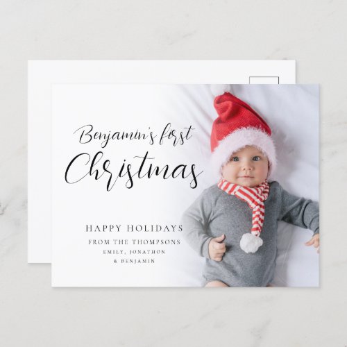 Baby First Christmas Calligraphy Custom Photo  Hol Holiday Postcard