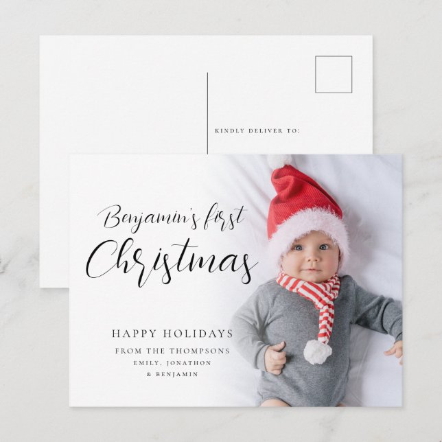 Baby First Christmas Calligraphy Custom Photo  Hol Holiday Postcard (Front/Back)