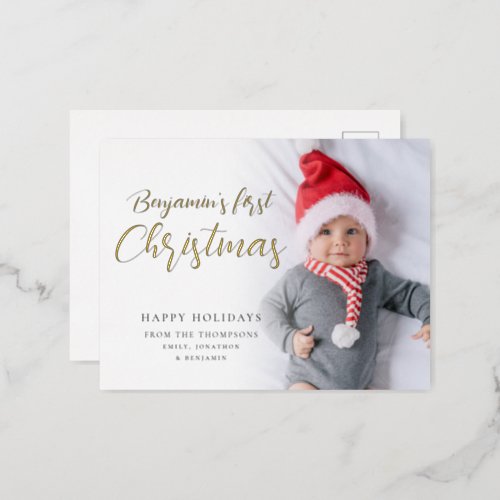 Baby First Christmas Calligraphy Photo Luxury Real Foil Holiday Postcard