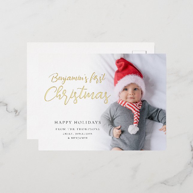 Baby First Christmas Calligraphy Photo Luxury Real Foil Holiday Postcard (Front/Back)