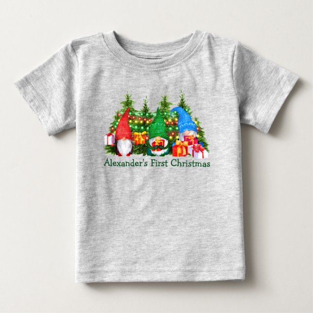 Baby First Christmas Christmas Gnomes Lights Gray T-Shirt (Front)