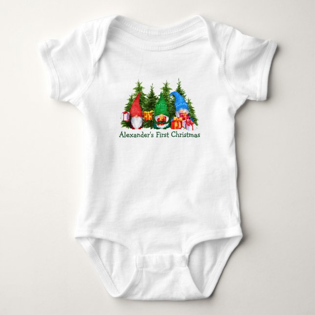 Baby First Christmas Christmas Gnomes Trees Baby Bodysuit (Front)