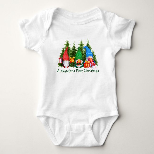 Baby First Christmas Christmas Gnomes Trees Bodysuit (Front)