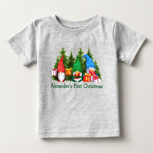 Baby First Christmas Christmas Gnomes Trees Gray Baby T_Shirt