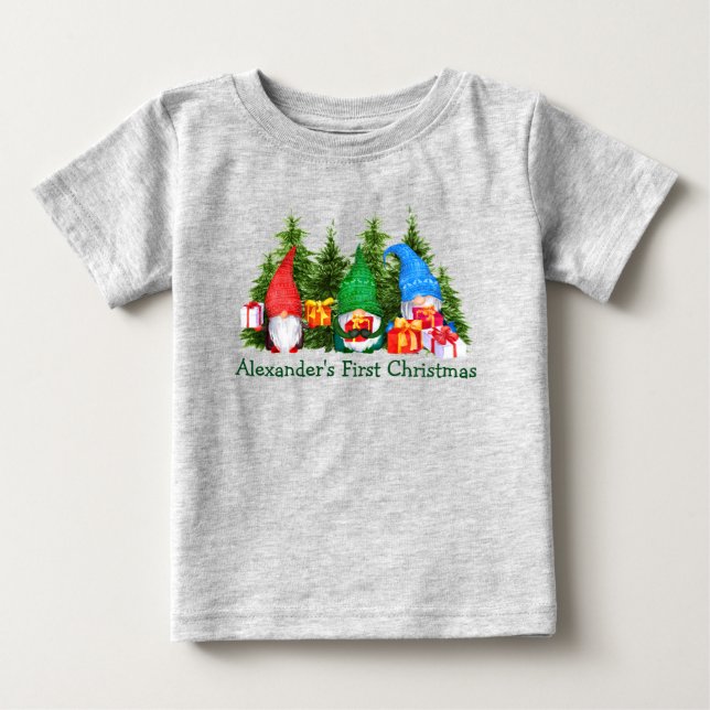 Baby First Christmas Christmas Gnomes Trees Gray T-Shirt (Front)