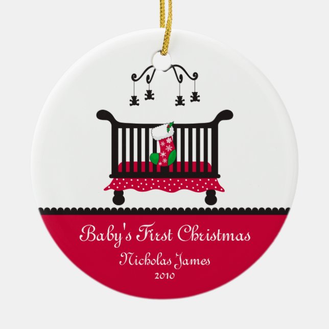 Baby First Christmas - Crib and Christmas Stocking Ceramic Ornament (Front)