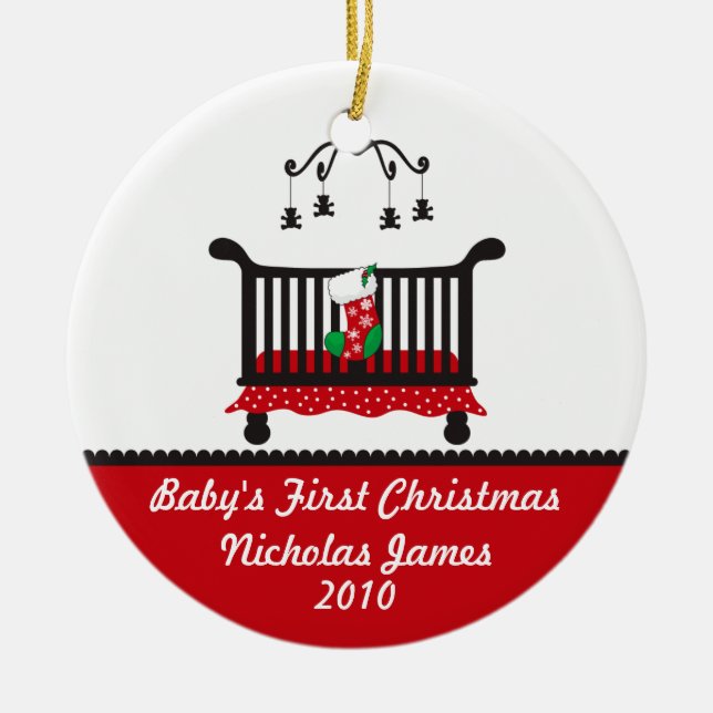 Baby First Christmas - Crib and Christmas Stocking Ceramic Ornament (Front)