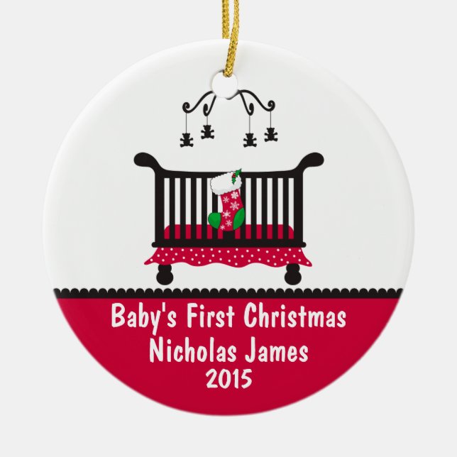 Baby First Christmas - Crib and Christmas Stocking Ceramic Ornament (Front)