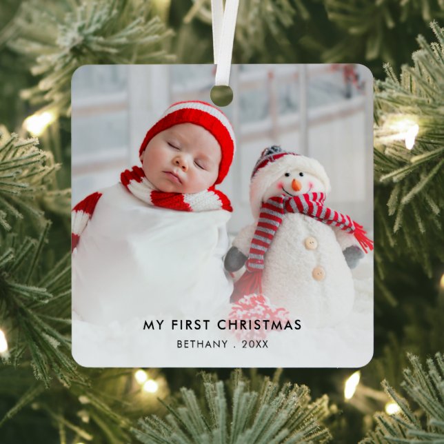 Baby First Christmas Custom Photo Name Year  Metal Ornament (Insitu)